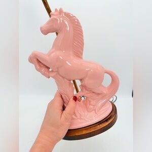 Vintage MCM Pink Ceramic Rearing Horse Table Lamp | Wood Base | Mid Century